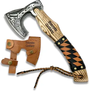 | 13" Custom Handmade Carbon Steel Real Viking Axe Hatchet, Throwing and Camping Axe, Birthday Gift for him, Leather Wrapped Handle and Leather Sheath (Valhalla Axe)