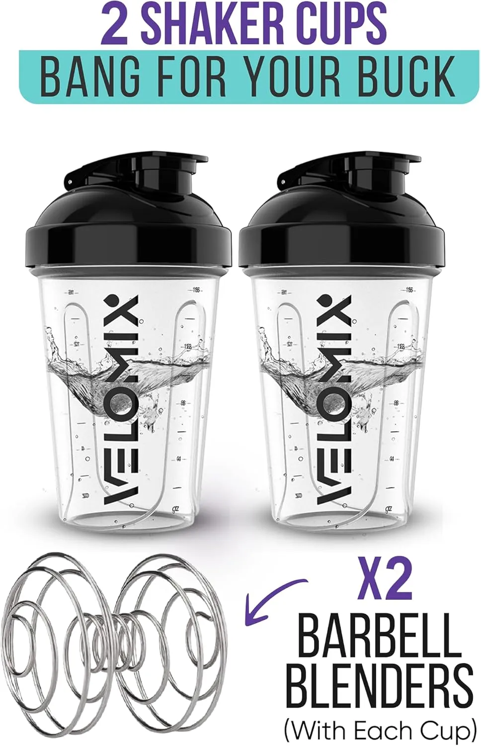 -2 Pack- 20 oz Protein Shaker Bottles for Protein Mixes - 2x Wire Whisk | Leak Proof Shaker Cups for Protein Shakes and Pre Workout | Protein Shaker Bottle Pack | Protein Mixer Cup (Clear Prime)