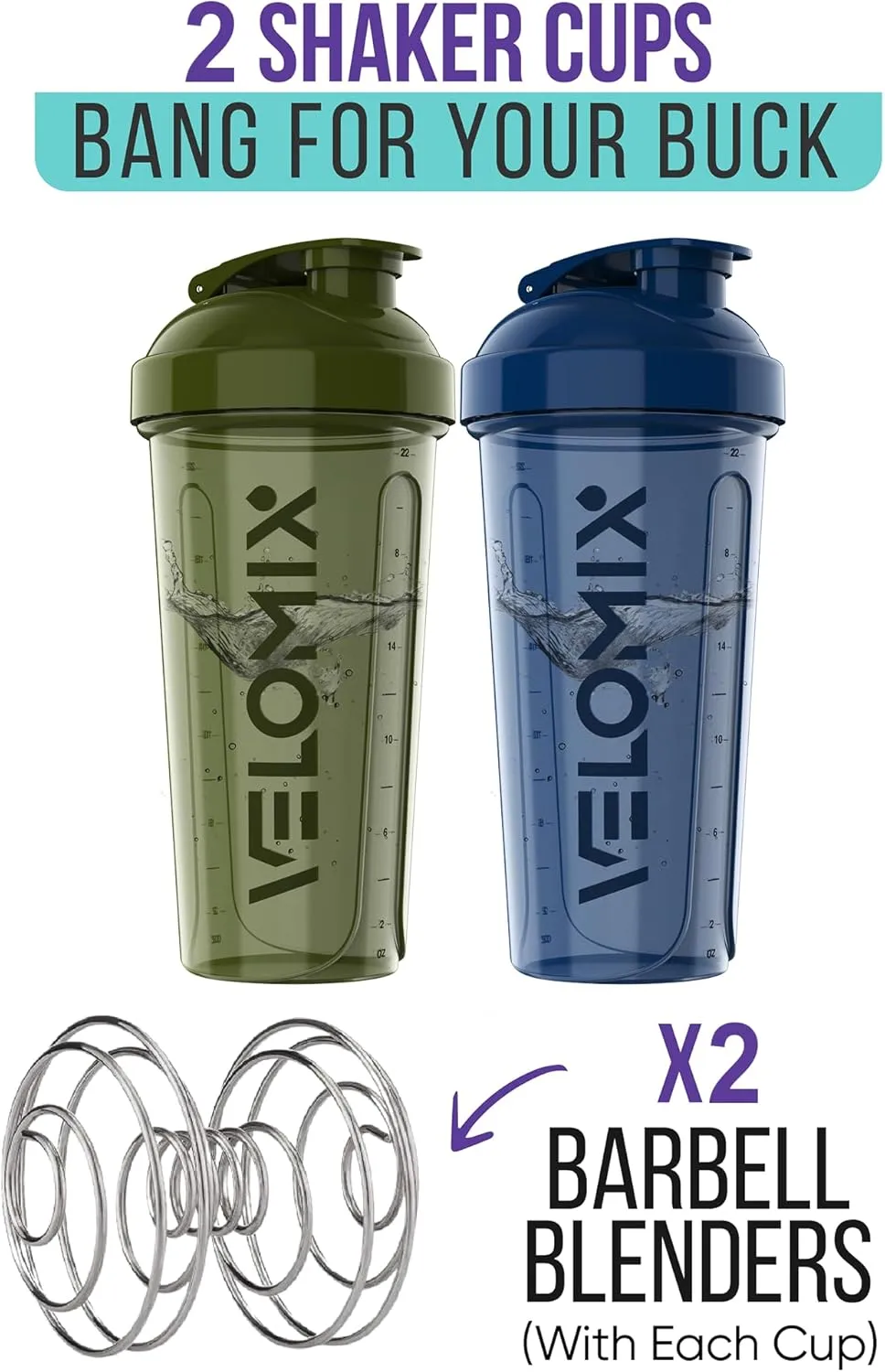 -2 Pack- 28 oz Protein Shaker Bottles for Protein Mixes - 2x Wire Whisk | Leak Proof Shaker Cups for Protein Shakes | Pre Workout Shaker Bottle | Shakers for Protein Shakes-Green&Blue
