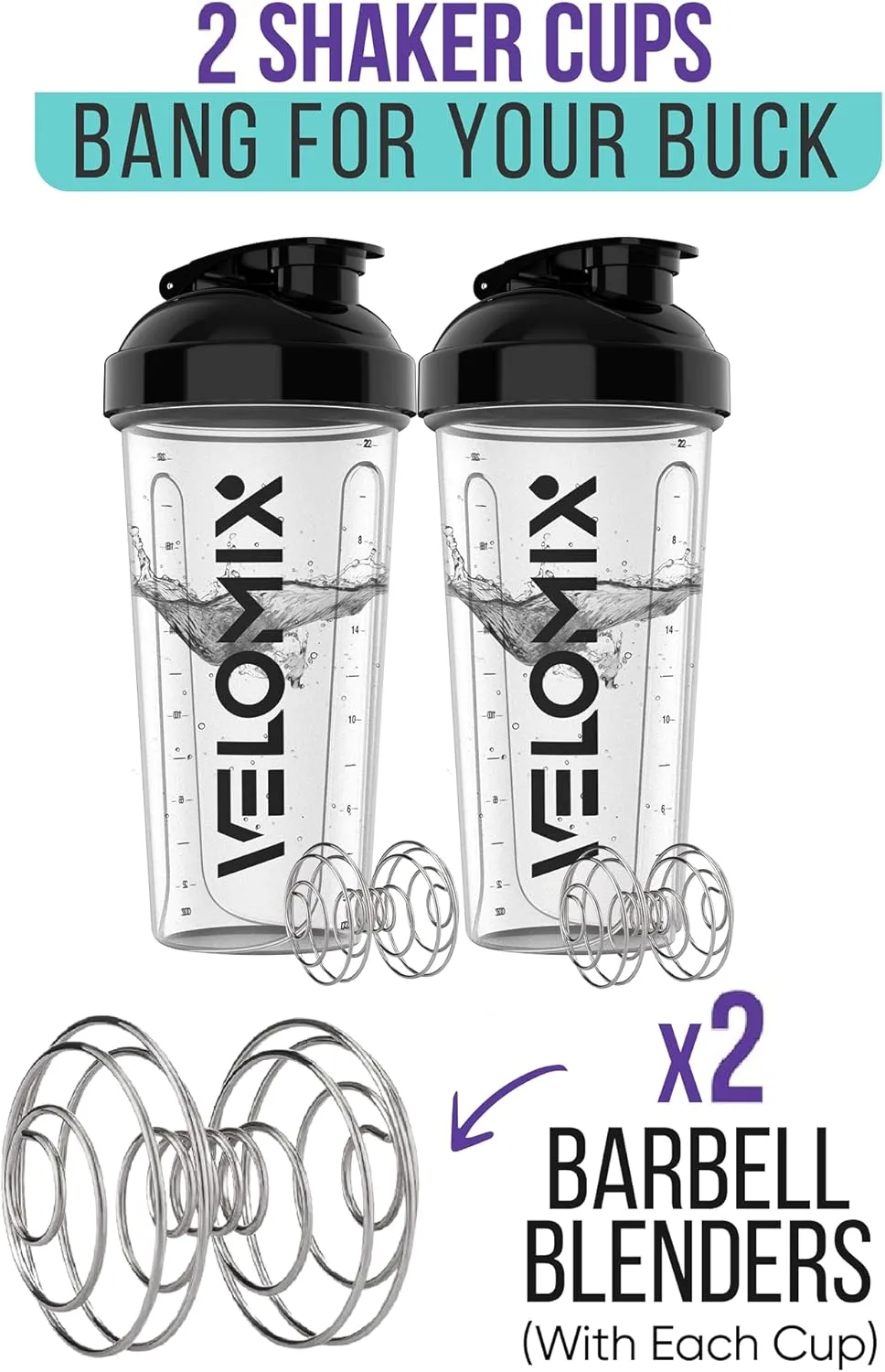 -2 Pack- 28 oz Protein Shaker Bottles for Protein Mixes - 2x Wire Whisk | Leak Proof Shaker Cups for Protein Shakes | Protein Shaker Bottle Pack | Shakers for Protein Shakes - 2xTransparent