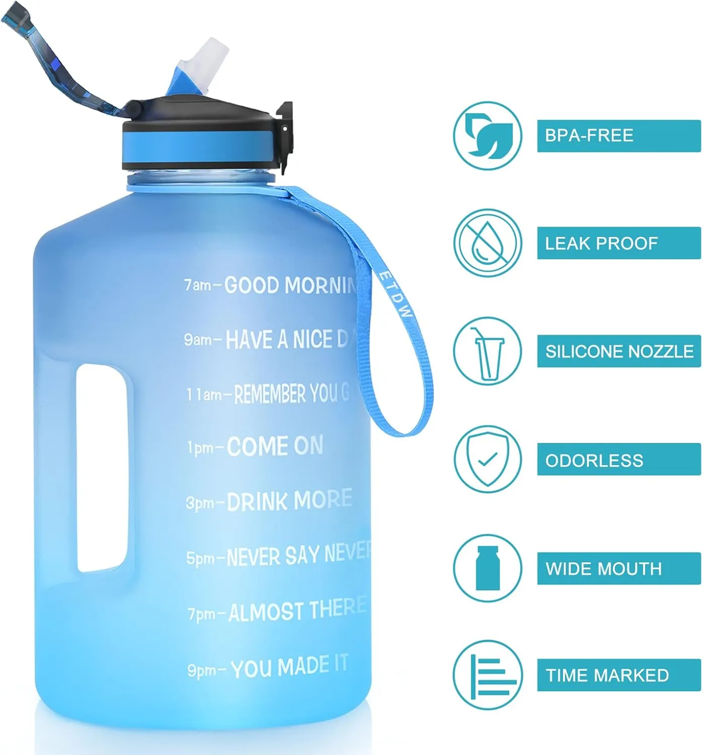 1 Gallon Motivational Sports Water Bottle with Time Marker, BPA Free 128oz Leak Proof Jug, Black, Plastic, 128 ounces, Fitness, Sports, Outdoor Activities