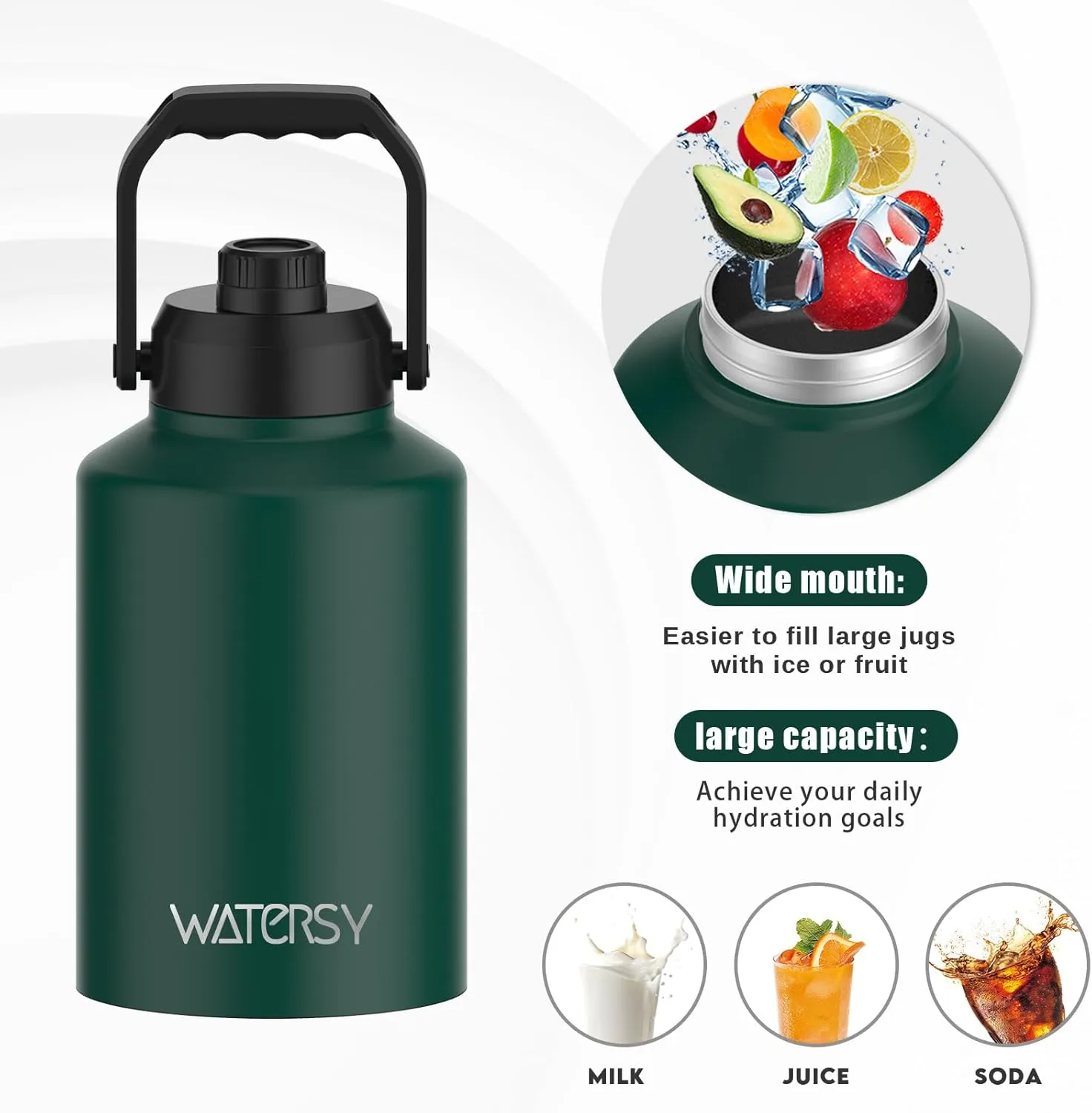 1 Gallon Water Bottle Insulated(Cold for 48 Hrs),BPA Free&Leak Proof,128oz Stainless Steel Water Jug,Big thermo,Large Water Bottle with Handle for Gym,Hiking,Camping&Travel,Dark Green