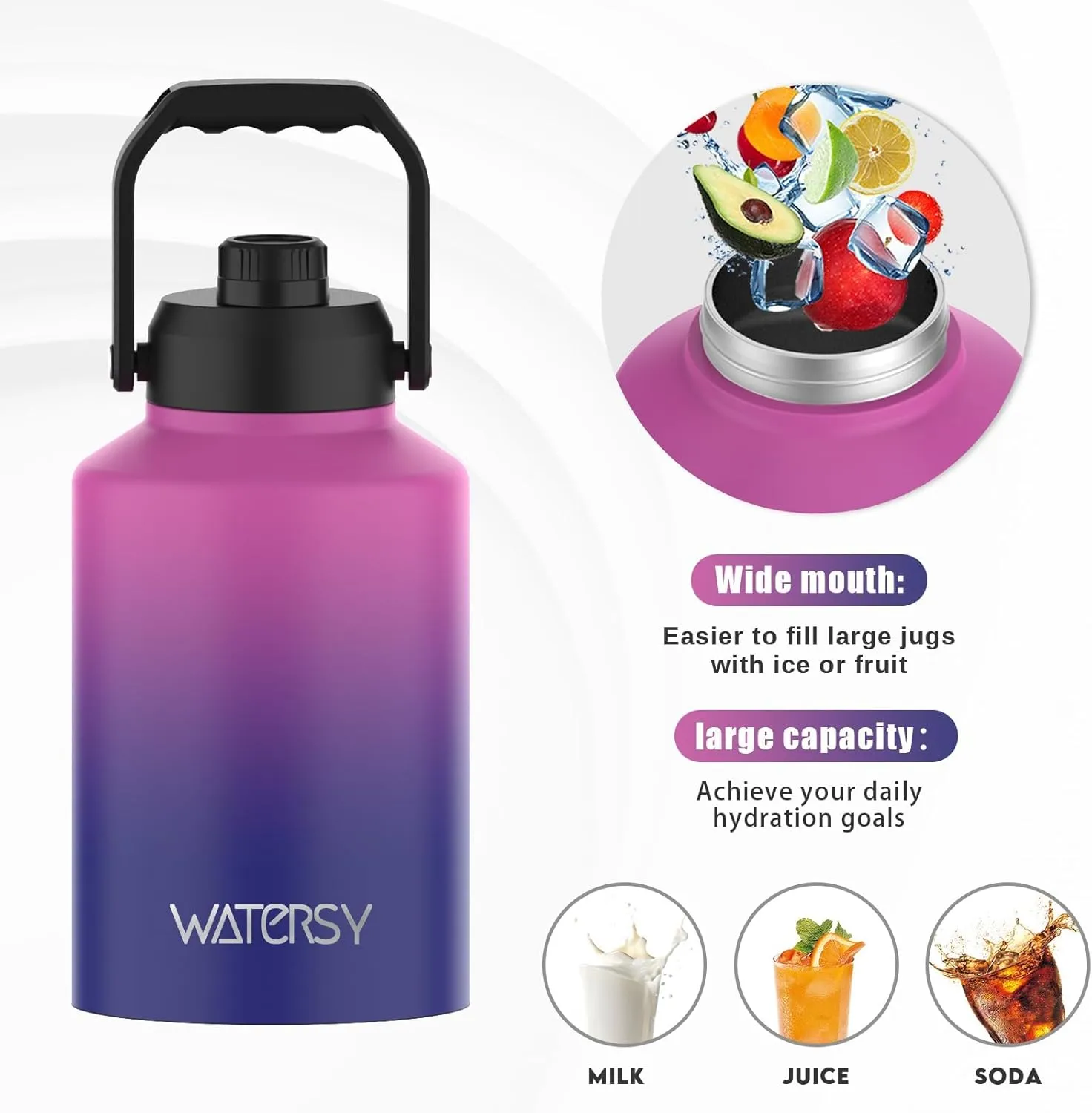 1 Gallon Water Bottle Insulated(Cold for 48 Hrs),BPA Free&Leak Proof,128oz Stainless Steel Water Jug,Big thermo,Large Water Bottle with Handle for Gym,Hiking,Camping&Travel,Gradient Purple