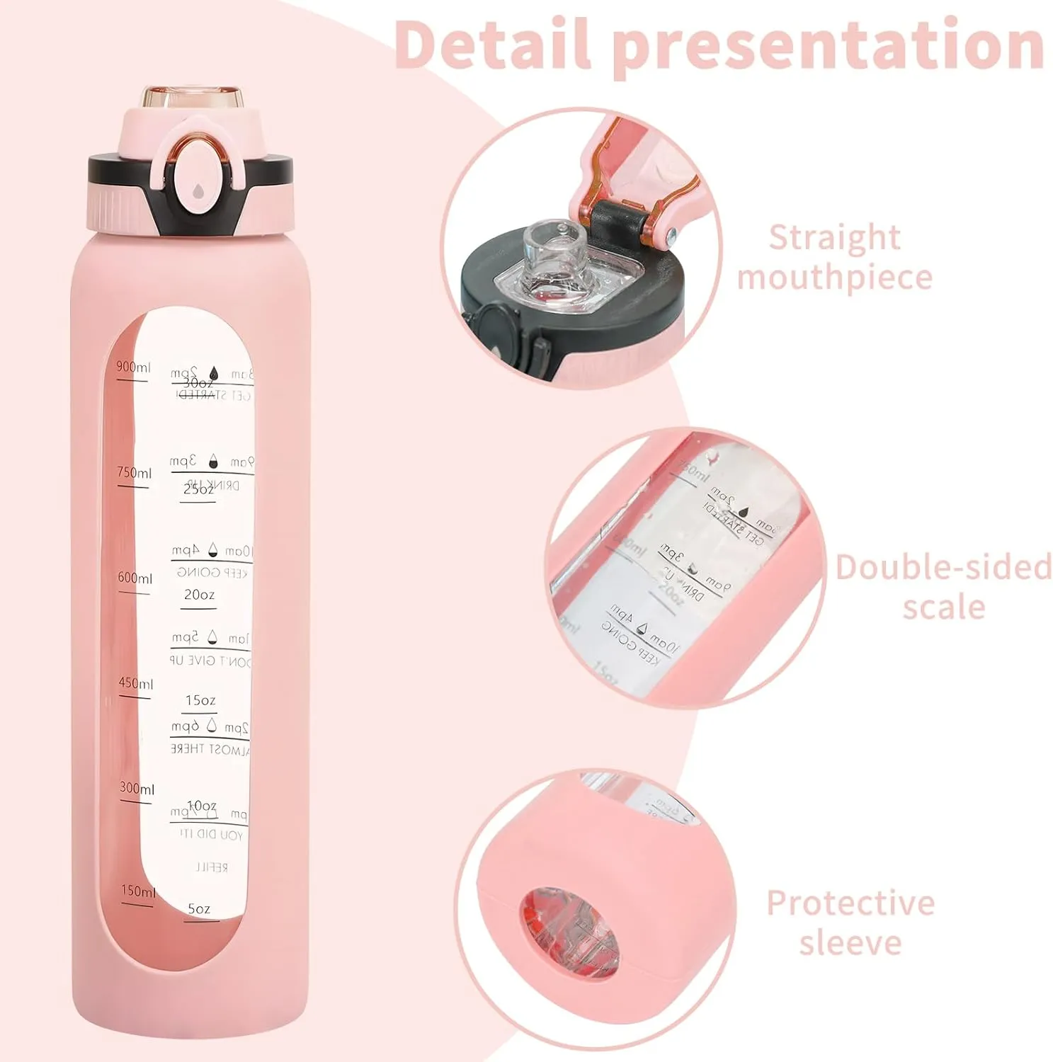 1 Liter Borosilicate Glass Water Bottle with Silicone Sleeve,Drinking Bottle with Time Marker Reminder Quotes,32 Oz Leak Proof Reusable BPA Free Motivational Water Bottles,Pink