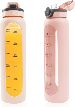 1 Liter Borosilicate Glass Water Bottle with Silicone Sleeve,Drinking Bottle with Time Marker Reminder Quotes,32 Oz Leak Proof Reusable BPA Free Motivational Water Bottles,Pink