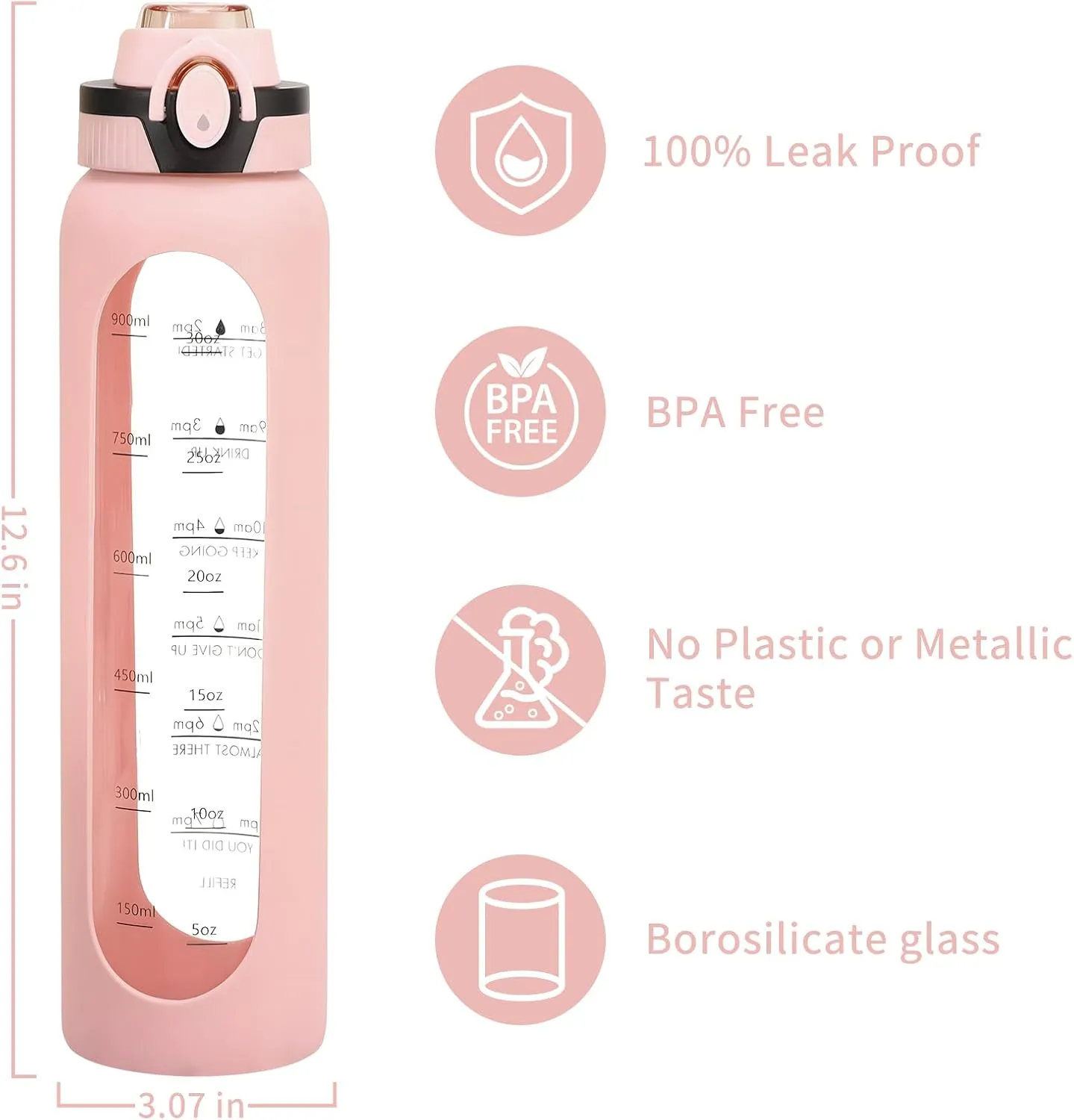 1 Liter Borosilicate Glass Water Bottle with Silicone Sleeve,Drinking Bottle with Time Marker Reminder Quotes,32 Oz Leak Proof Reusable BPA Free Motivational Water Bottles,Pink