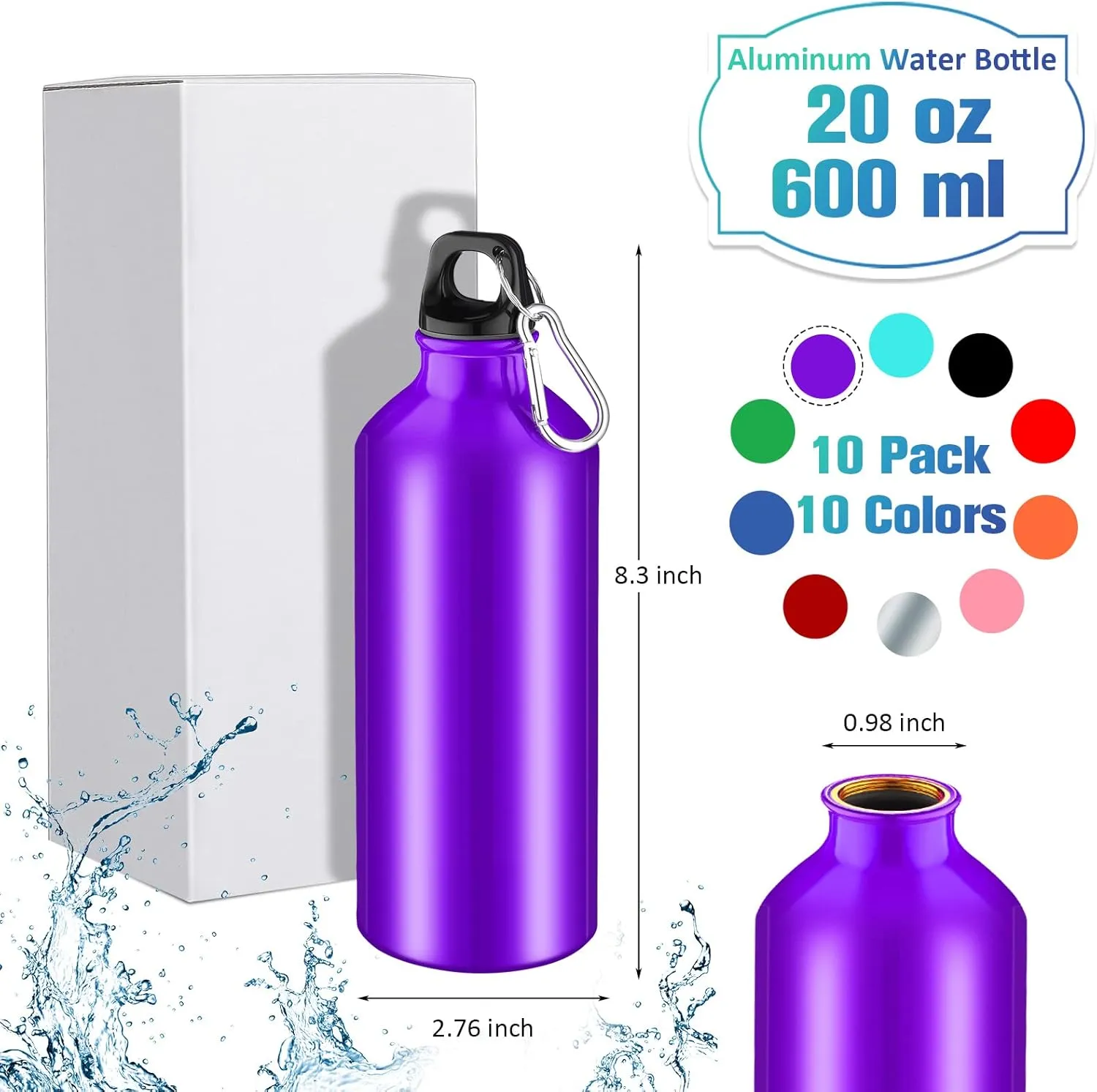 10 Pack Lightweight Reusable Aluminum Bottles with Carabiner - Leak Proof Team Water Bottles for Gym, Sports, Bicycle, Camping