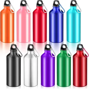 10 Pack Lightweight Reusable Aluminum Bottles with Carabiner - Leak Proof Team Water Bottles for Gym, Sports, Bicycle, Camping
