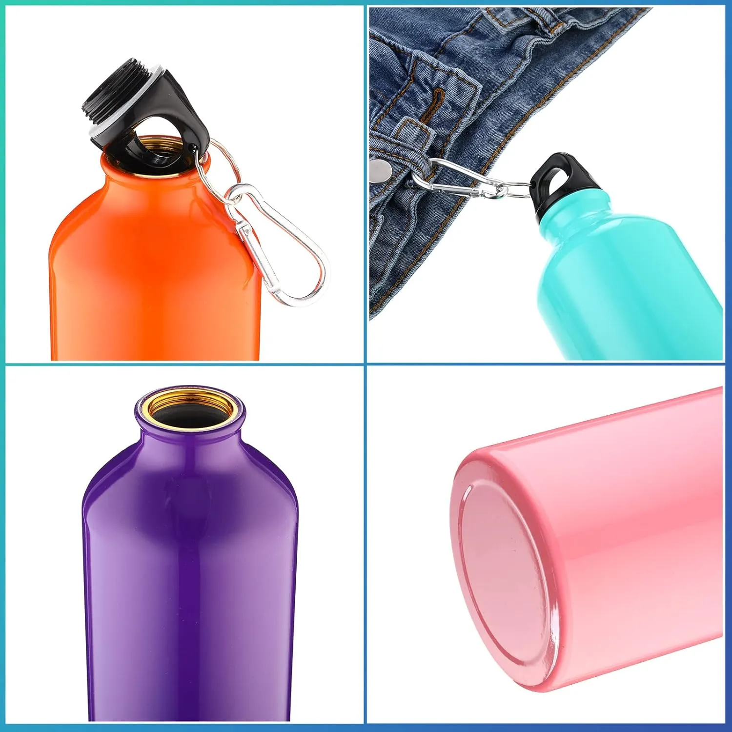 10 Pack Lightweight Reusable Aluminum Bottles with Carabiner - Leak Proof Team Water Bottles for Gym, Sports, Bicycle, Camping