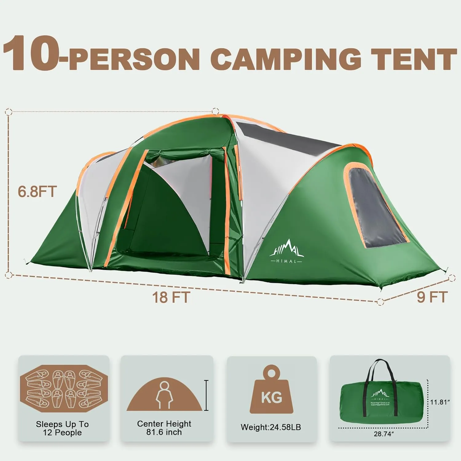 10 Person Family Tents for Camping Waterproof, Music Festival, Parties,2 Room Big Tent with 4 Large Mesh Windows, Double Layer, Easy Setup, Weather Resistant,18ft X 9ft X6.8ft