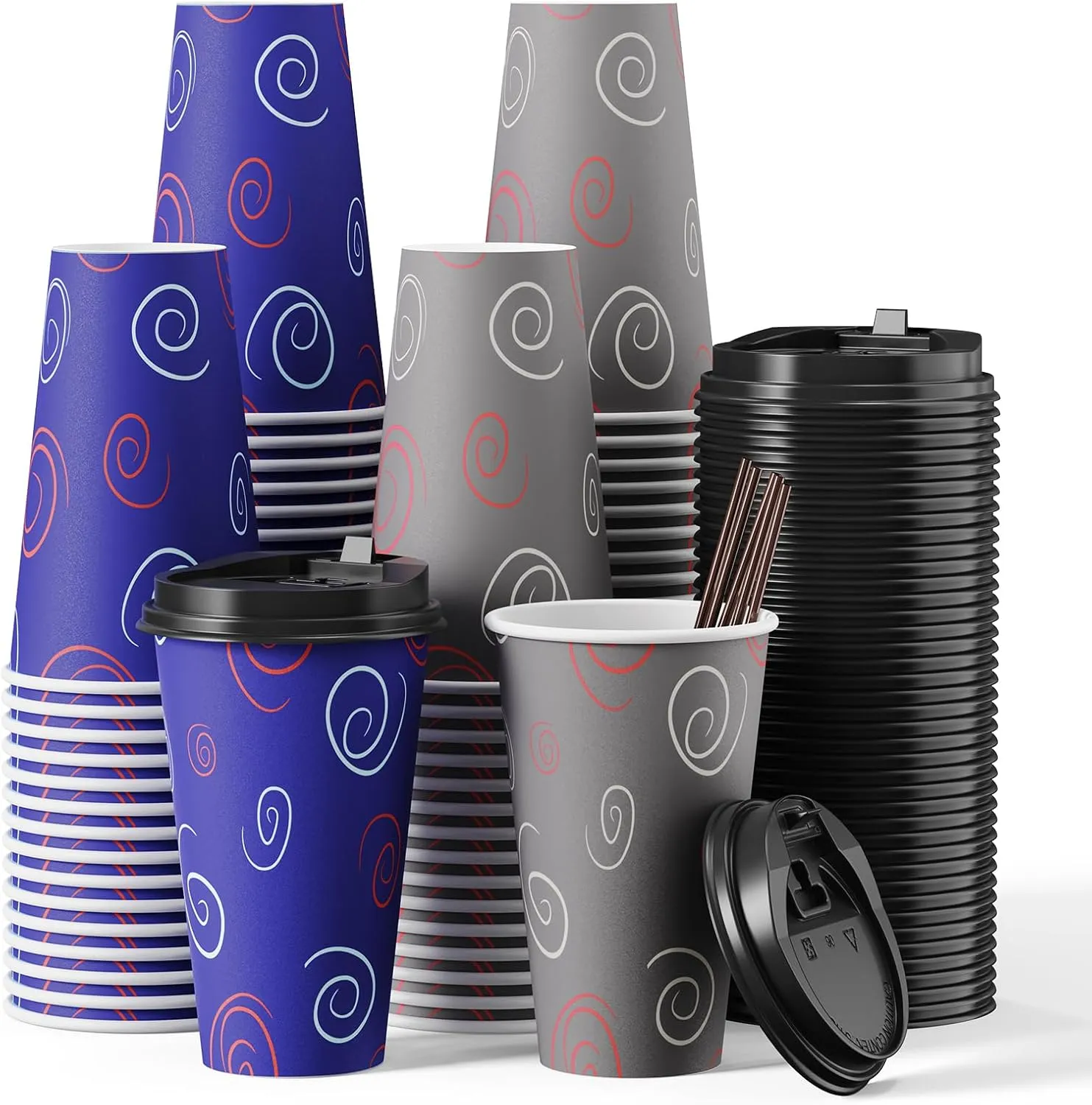 100 Pack 16 oz Paper Cups, Disposable Coffee Cups with Lids and Straws for Drinking Water, Tea, Used for Home, Shops and Cafes
