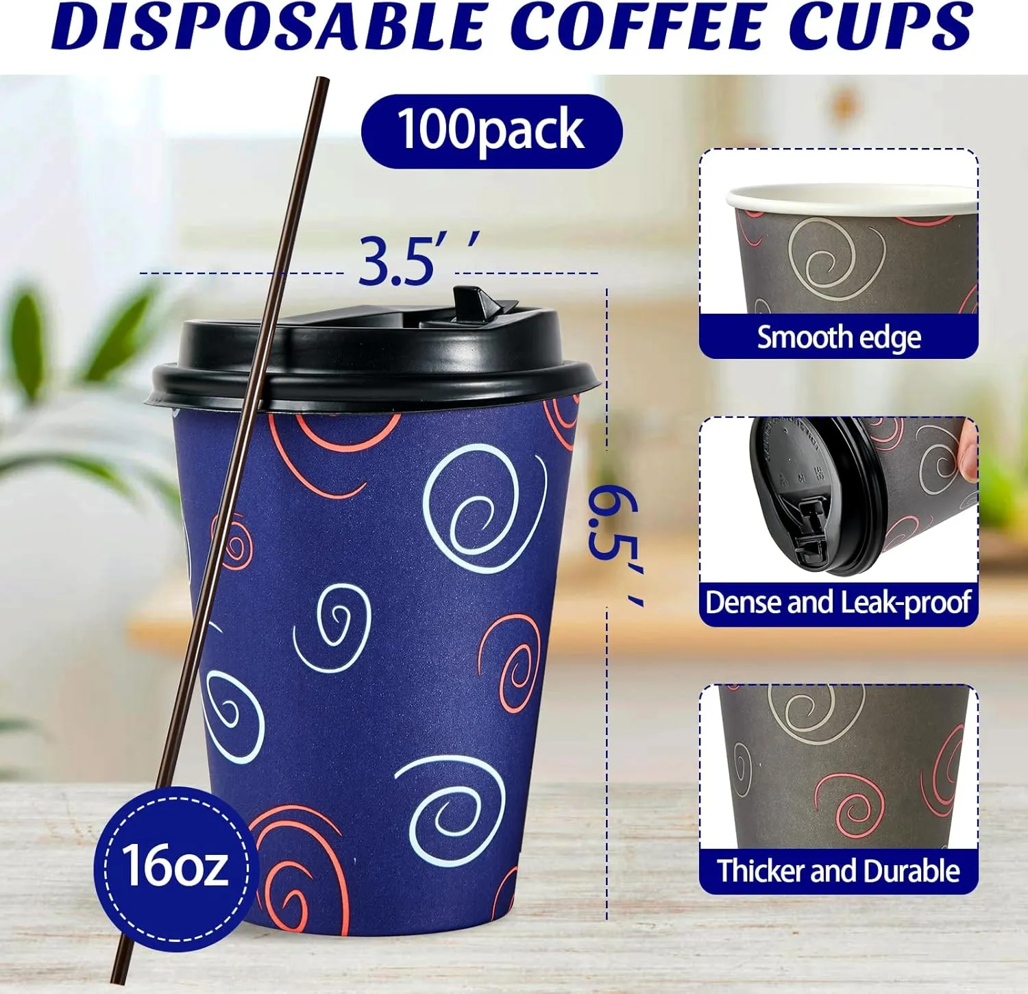 100 Pack 16 oz Paper Cups, Disposable Coffee Cups with Lids and Straws for Drinking Water, Tea, Used for Home, Shops and Cafes