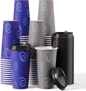 100 Pack 20 oz Paper Cups, Disposable Coffee Cups with Lids and Straws for Drinking Water, Tea Used for Home, Shops and Cafes
