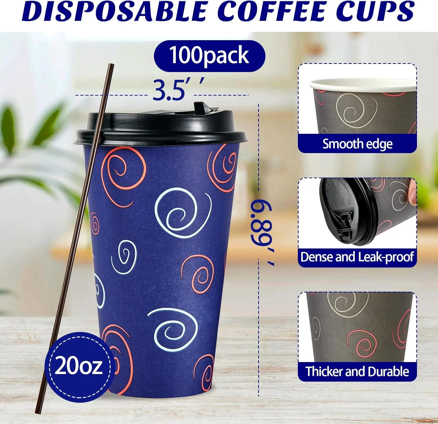 100 Pack 20 oz Paper Cups, Disposable Coffee Cups with Lids and Straws for Drinking Water, Tea Used for Home, Shops and Cafes