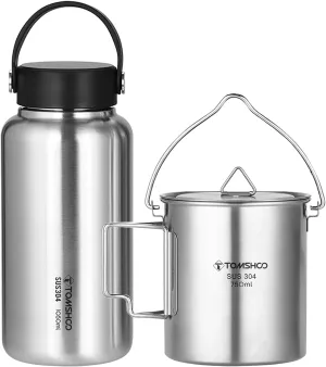 1050ml Stainless Steel Water Bottle Leak Proof Sports Bottle with 750ml Water Cup Coffee Mug ing Pot for Outdoor Camping Hiking Backpacking Fishing