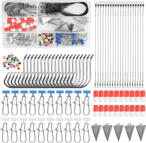 105PCS Surf Fishing Tackle Kit Fish Finder Rigs Saltwater Surf Fishing Rigs Live Bait Rig with Hooks Floats Sinker Slider Beads Pyramid Sinkers Leaders for Bass Beach Ocean Fishing Gear Accessories
