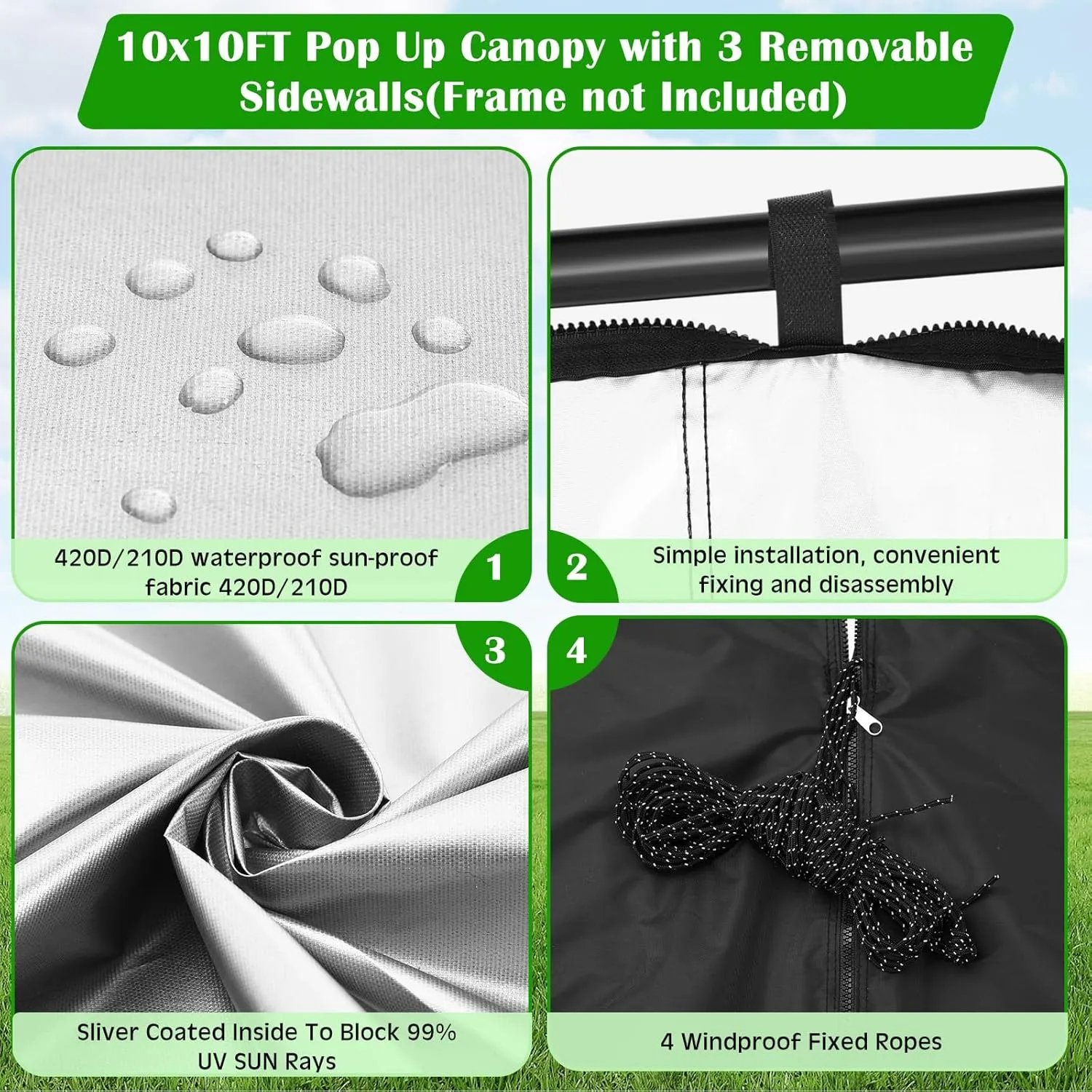 10x10 Canopy Replacement Top Cover Canopy Top with Removable Tent Sidewalls Pop up Canopy Tent Cover with Ropes Waterproof Sunshade Tent Cover for Outdoor Patio Camping(2 Piece,Black)