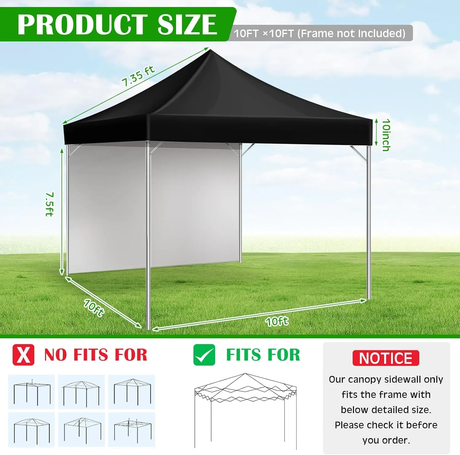 10x10 Canopy Replacement Top Cover Canopy Top with Removable Tent Sidewalls Pop up Canopy Tent Cover with Ropes Waterproof Sunshade Tent Cover for Outdoor Patio Camping(2 Piece,Black)