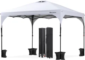 10x10 Pop Up Canopy Tent, One Push Outdoor Tent, Instant Portable Sun Shelter for Commercial Events, Parties, Camping with Roller Bag, 4 Sand Bags, 8 Stakes, Straight Legs(White)
