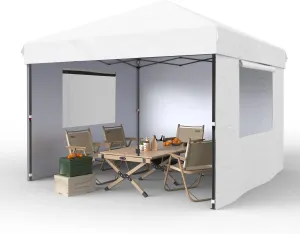 10x10 Pop Up Canopy with 3 Sidewalls - Easy Up Camping Tent with One Button Push Setup - 1 Roller Bag, 3 Adjustable Height, 4 Weight Bags for Deck, Garden, Sports, Beach, Party - White