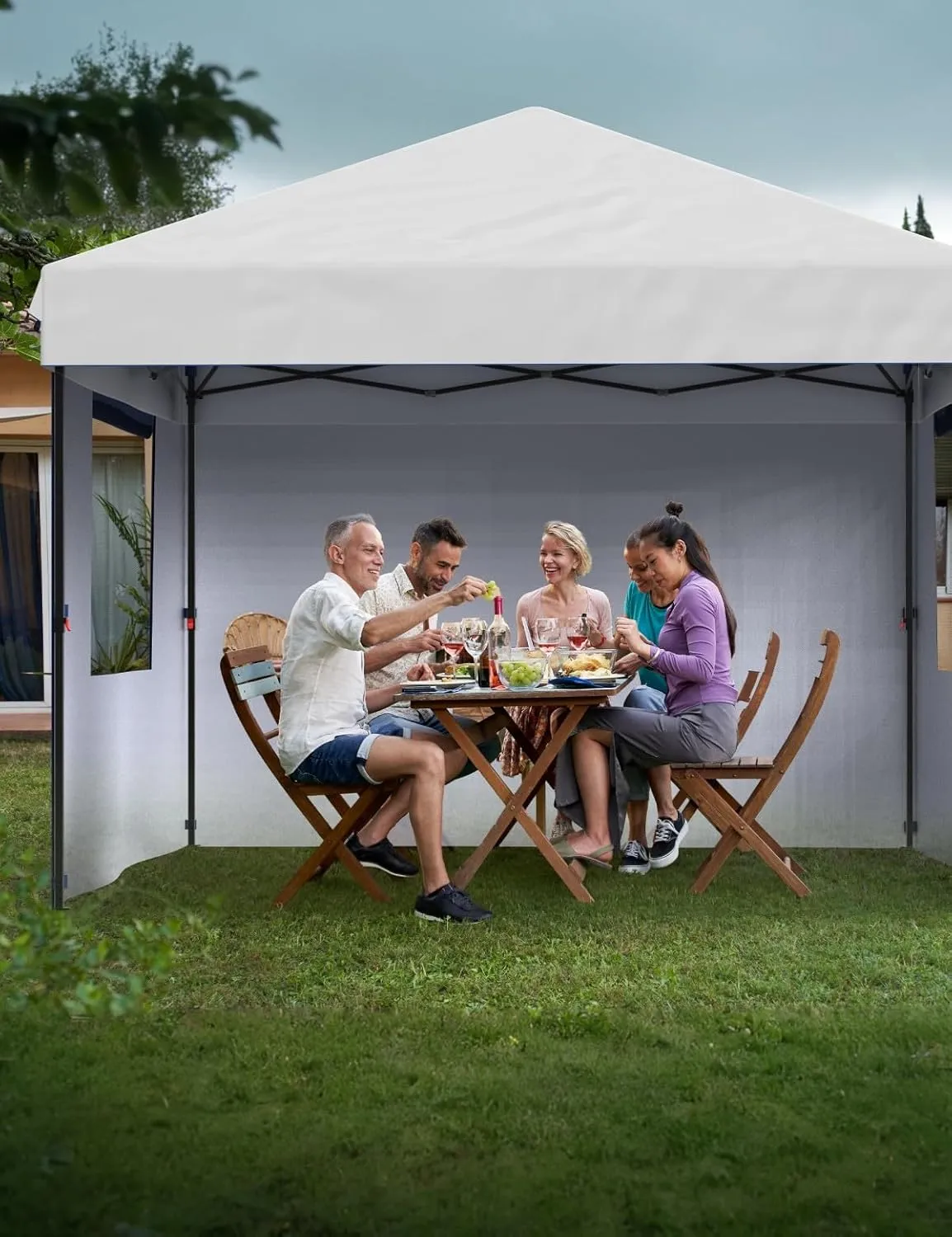 10x10 Pop Up Canopy with 3 Sidewalls - Easy Up Camping Tent with One Button Push Setup - 1 Roller Bag, 3 Adjustable Height, 4 Weight Bags for Deck, Garden, Sports, Beach, Party - White