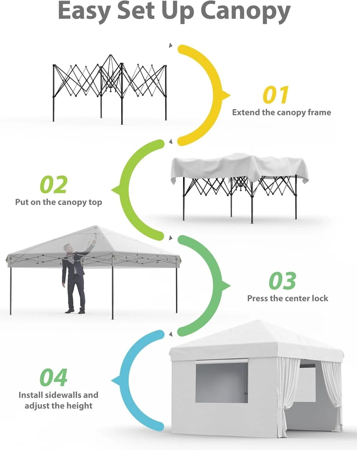 10x10 Pop Up Canopy with 3 Sidewalls - Easy Up Camping Tent with One Button Push Setup - 1 Roller Bag, 3 Adjustable Height, 4 Weight Bags for Deck, Garden, Sports, Beach, Party - White