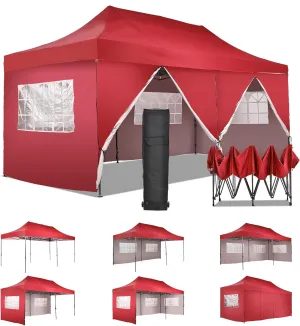 10x20 ft Instant Pop up Canopy, Wonlink Party Tent Folding Heavy Duty Gazebos with Removable Sidewalls and Wheeled Bag Waterproof Red
