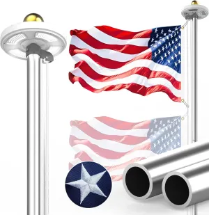 12-Gauge Heavy Duty Flag Pole Holder for Outside House, Flag Pole Kit with Light Solar Powered and Flag, 25FT 100MPH Silver, 2MM Thick Flagpole Hardware with Pulley and Rope