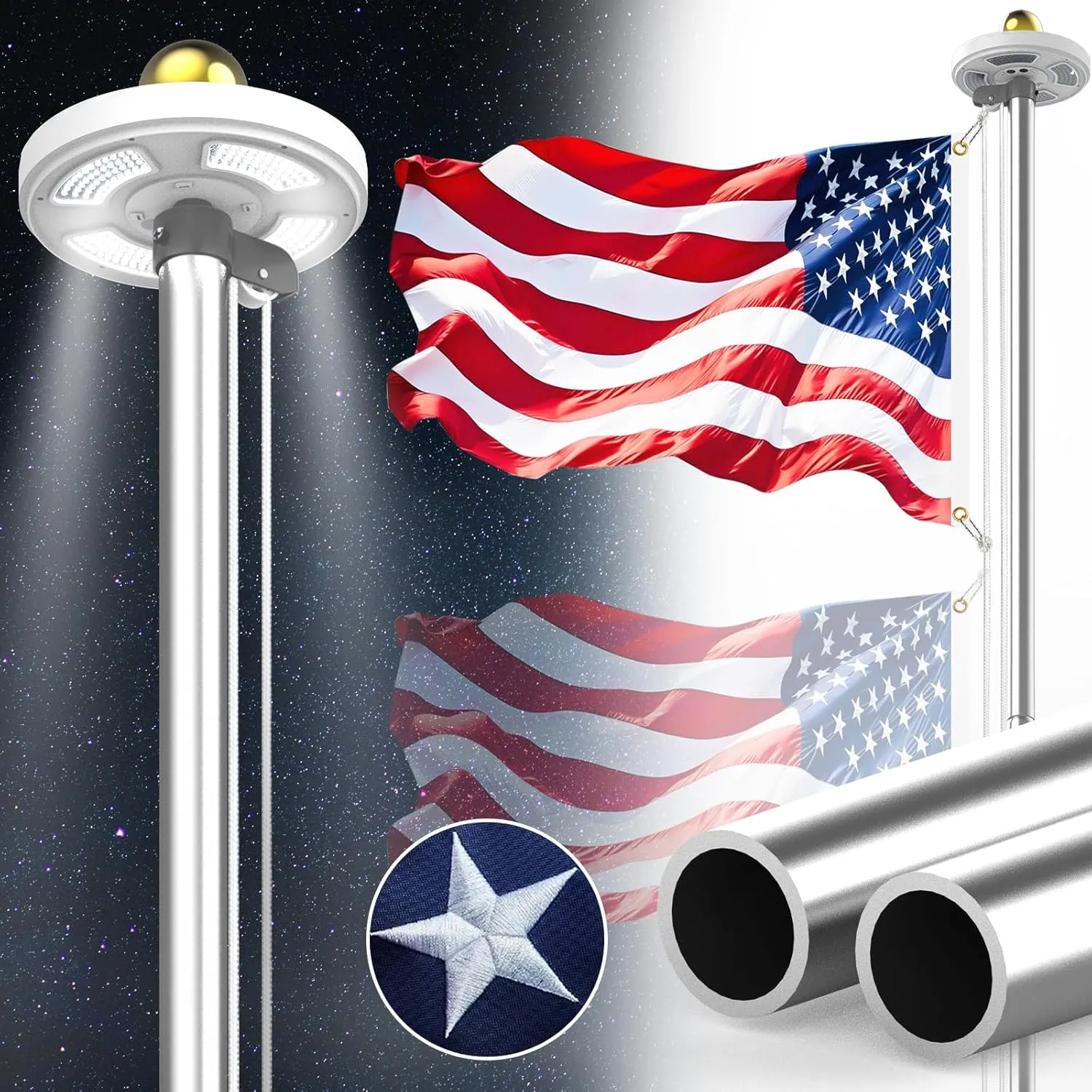 12-Gauge Heavy Duty Flag Pole Holder for Outside House, Flag Pole Kit with Light Solar Powered and Flag, 25FT 100MPH Silver, 2MM Thick Flagpole Hardware with Pulley and Rope