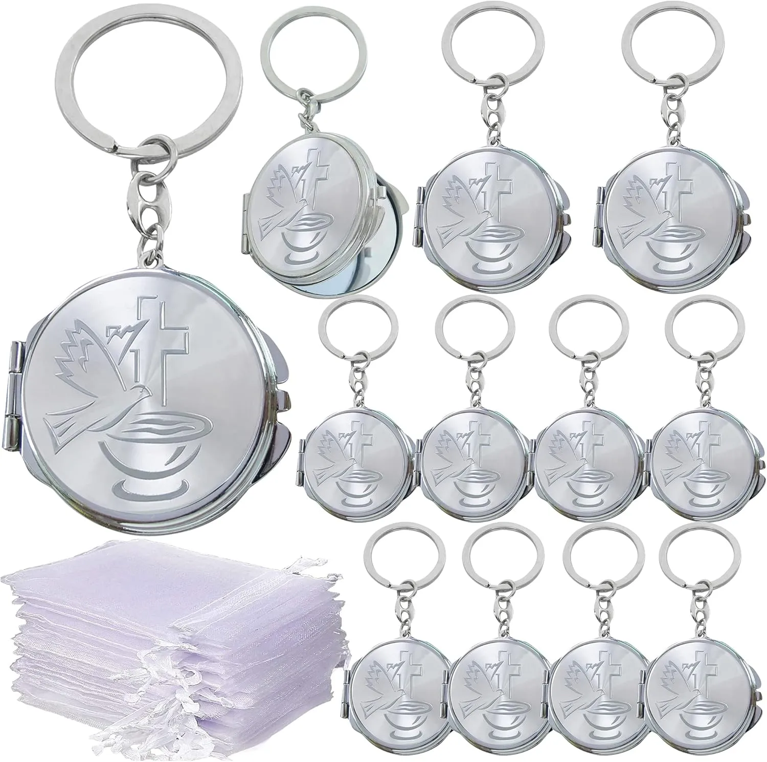 12 PCS Silver Baptism Compact Mirror Keychain Favor -Bautizo Recuerdos/Holy Spirit Makeup Compact/First Communion