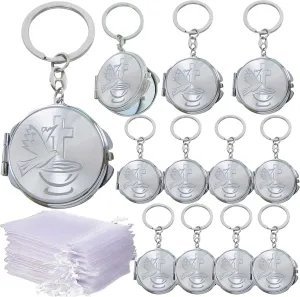 12 PCS Silver Baptism Compact Mirror Keychain Favor -Bautizo Recuerdos/Holy Spirit Makeup Compact/First Communion