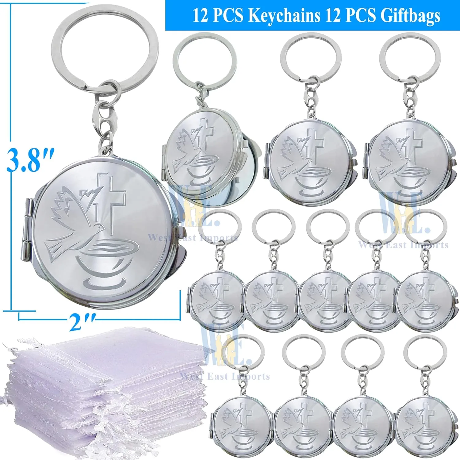 12 PCS Silver Baptism Compact Mirror Keychain Favor -Bautizo Recuerdos/Holy Spirit Makeup Compact/First Communion