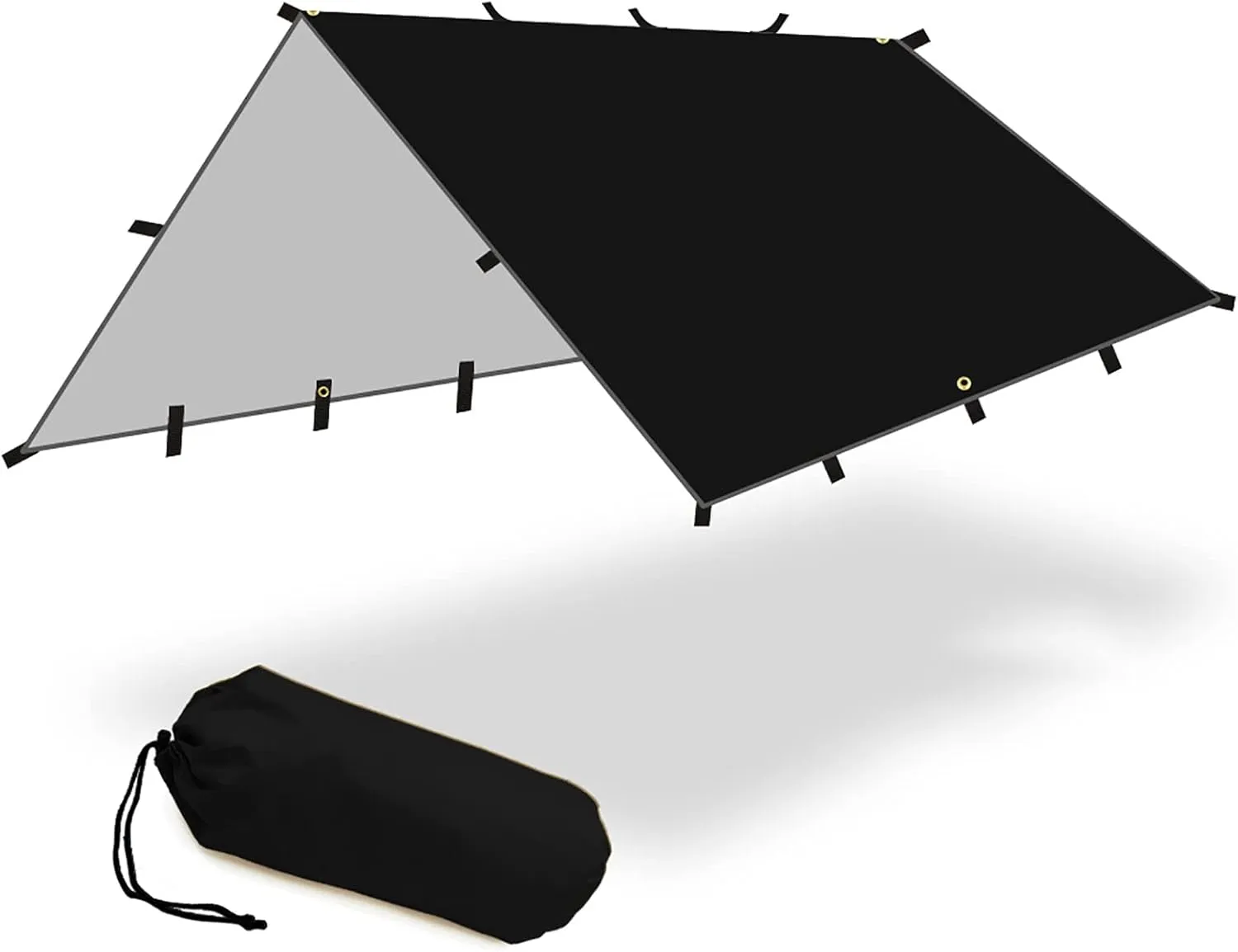 12' x 12' Waterproof Camping Tarp, Hammock Rain Fly, Lightweight Black Sunscreen Awning Canopy with Silver Coating, PU 3000mm, for Backpacking Hiking, Survival Gear, and Outdoor Adventure