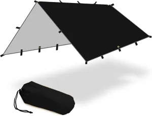 12' x 12' Waterproof Camping Tarp, Hammock Rain Fly, Lightweight Black Sunscreen Awning Canopy with Silver Coating, PU 3000mm, for Backpacking Hiking, Survival Gear, and Outdoor Adventure