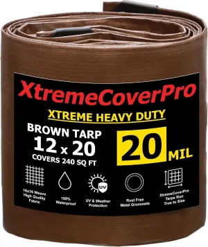 12' x 20' Brown Super Ultra Heavy-Duty Tarp – 20 Mil Waterproof & UV-Resistant 12x20 - Large Outdoor Tarp, Waterproof Cover for Rain Camping, Tent, UV Protection, Reinforced Corners