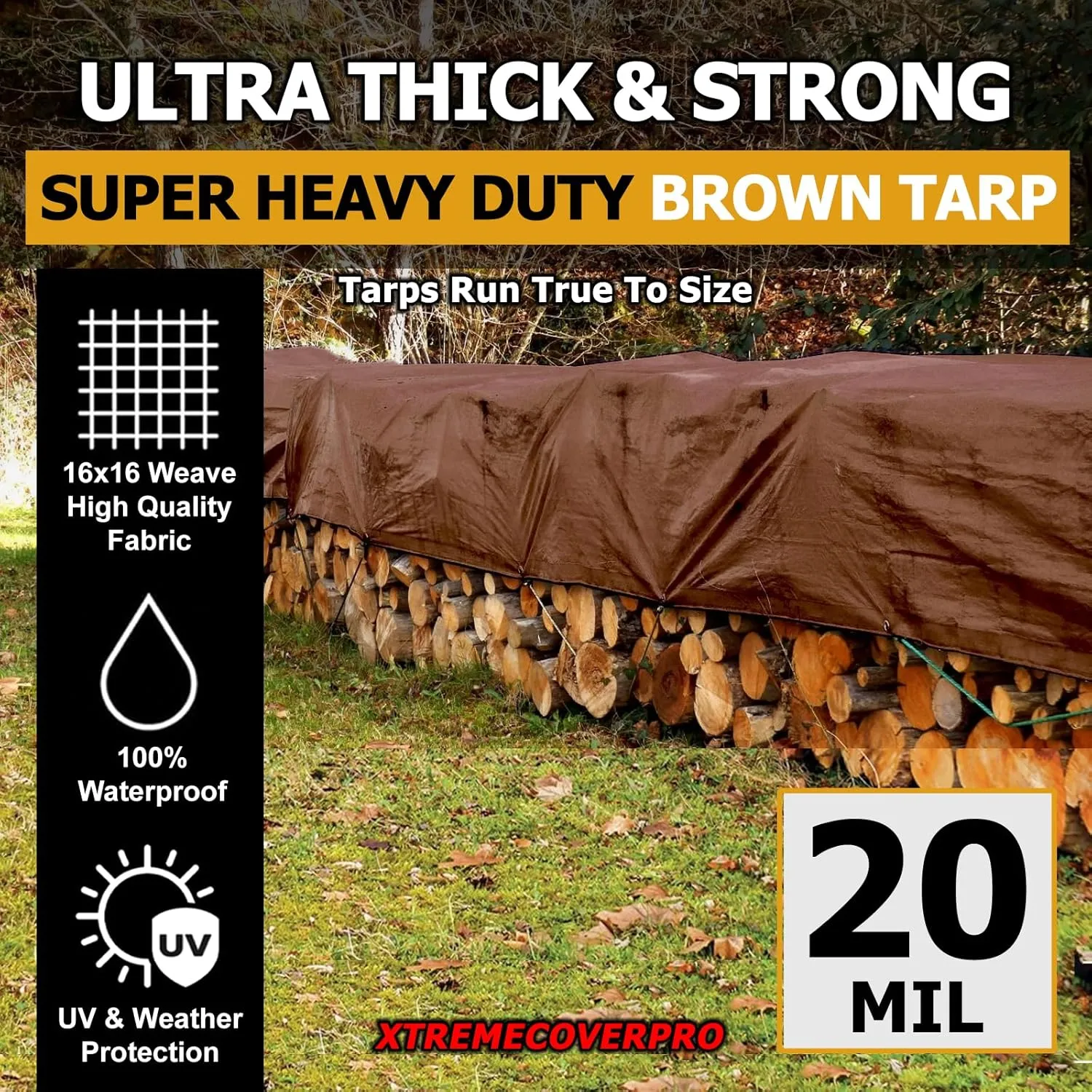 12' x 20' Brown Super Ultra Heavy-Duty Tarp – 20 Mil Waterproof & UV-Resistant 12x20 - Large Outdoor Tarp, Waterproof Cover for Rain Camping, Tent, UV Protection, Reinforced Corners