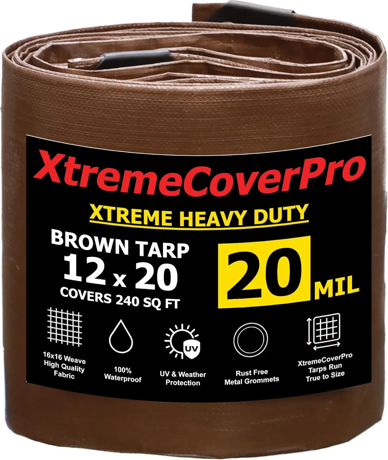 12' x 20' Brown Super Ultra Heavy-Duty Tarp – 20 Mil Waterproof & UV-Resistant 12x20 - Large Outdoor Tarp, Waterproof Cover for Rain Camping, Tent, UV Protection, Reinforced Corners