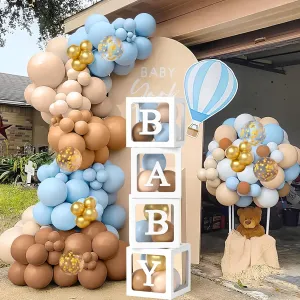 121Pcs Teddy Bear Baby Shower Decorations for Boys Kit with 4 Baby Box/Daddy Badge/Mom To Be Sash/ 5" 10" 12" 18" Balloons Garland, We Can Wait Bear Baby Shower Decor Party Supplies