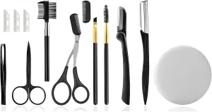 13-in-1 Eyebrow Trimming Kit with 2X Pocket Mirror, Eyebrow Grooming Kit for Women/Men, Includes Scissors with Comb, Straight and Folding Razors, Brushes, Tweezers, Replacement Head