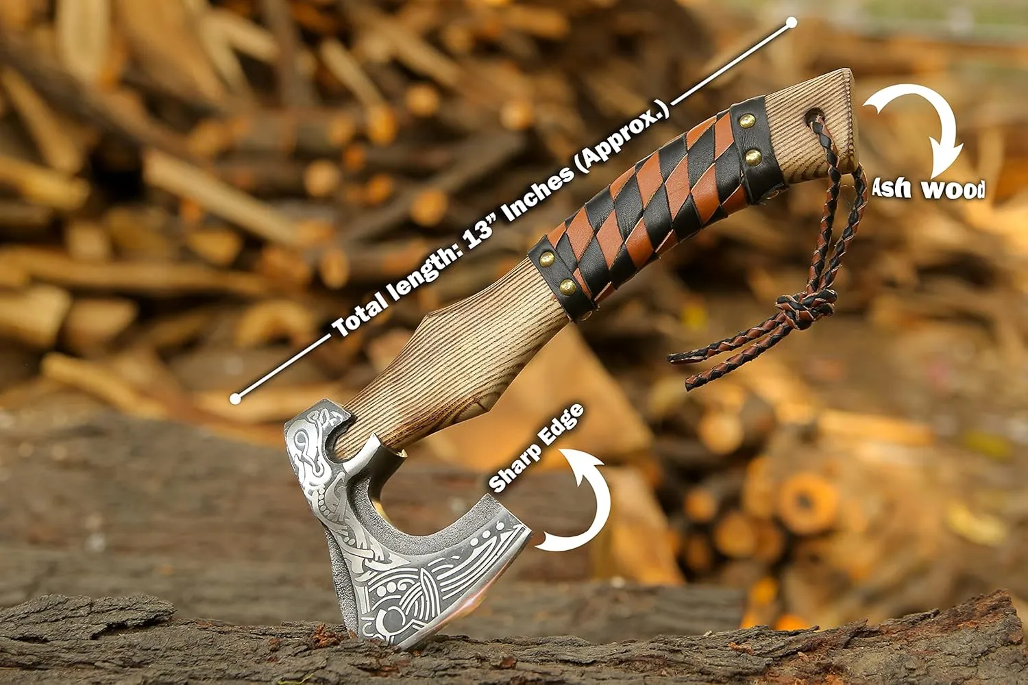 13” Inch Valhalla Axe – Carbon Steel Viking Axe Head with Engraved Handle, Hatchet Axe with Genuine Leather Sheath and Wrap, Camping Axe, Throwing Axe -Viking Gift for Men