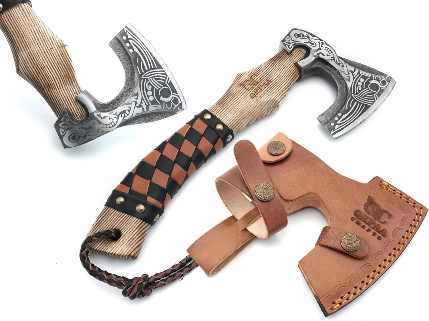 13” Inch Valhalla Axe – Carbon Steel Viking Axe Head with Engraved Handle, Hatchet Axe with Genuine Leather Sheath and Wrap, Camping Axe, Throwing Axe -Viking Gift for Men