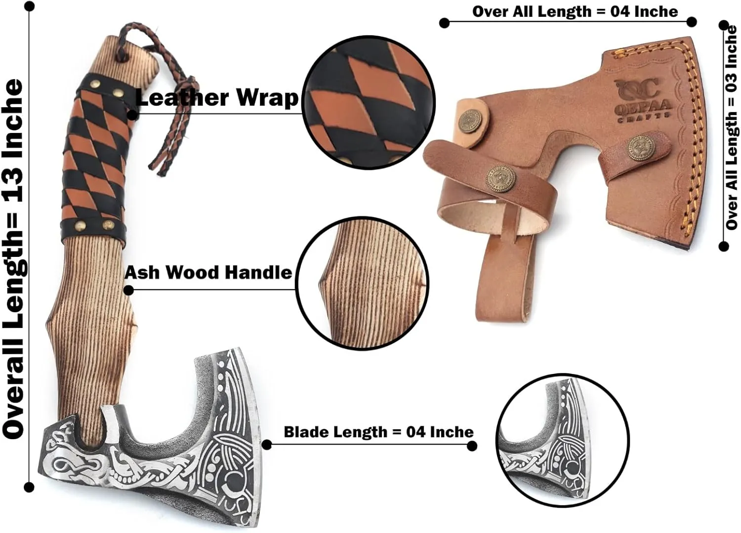 13” Inch Valhalla Axe – Carbon Steel Viking Axe Head with Engraved Handle, Hatchet Axe with Genuine Leather Sheath and Wrap, Camping Axe, Throwing Axe -Viking Gift for Men
