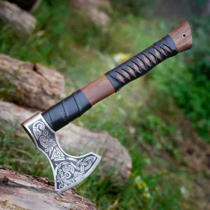 13.50” Inch Hand-Forged Viking Axe- Ash Wood Handle Hatchets and Axes with Leather Wrap, Wood Splitting Axe, Camping Axe, Throwing Axes and Tomahawks (Black Erik)