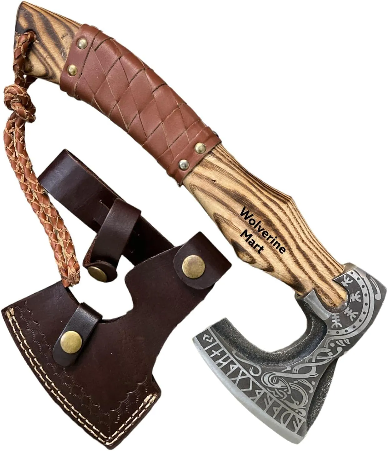 13.50” Inch Hand-Forged Viking Axe- Ash Wood Handle Hatchets and Axes with Leather Wrap, Wood Splitting Axe, Camping Axe, Throwing Axes and Tomahawks (Rare Viking)