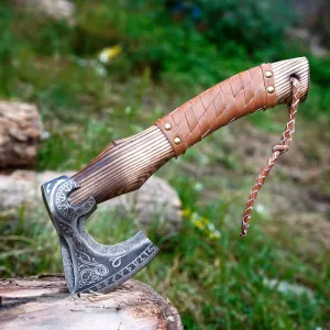 13.50” Inch Hand-Forged Viking Axe- Ash Wood Handle Hatchets and Axes with Leather Wrap, Wood Splitting Axe, Camping Axe, Throwing Axes and Tomahawks (Rare Viking)