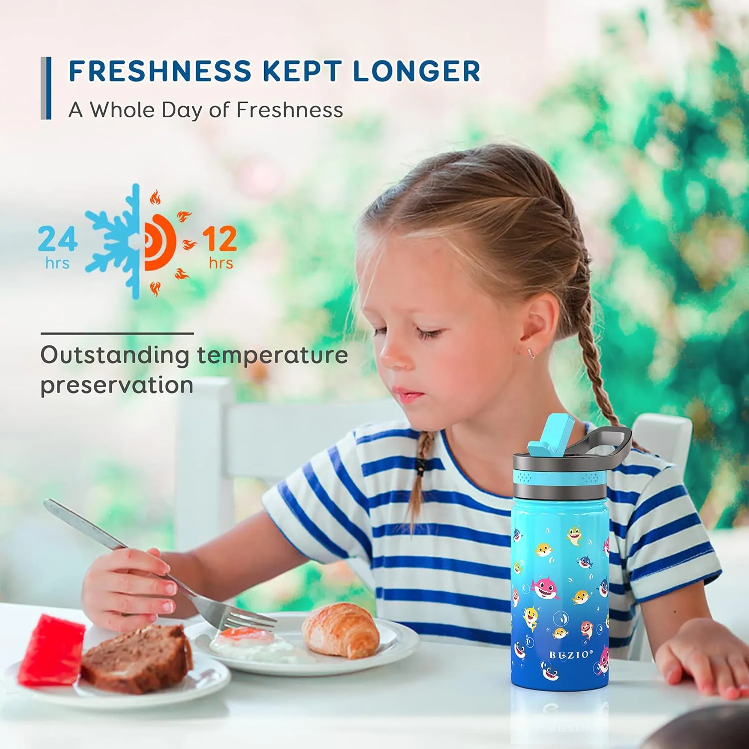 14 OZ Kids Water Bottle with Straw Lid, BUZIO Vacuum Insulated Double Walled Stainless Steel Drink Flask BPA-Free & Lead-Free Metal Sports Tumbler Travel Cup for Boys, Blue Shark