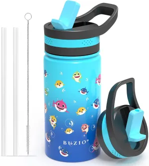 14 OZ Kids Water Bottle with Straw Lid, BUZIO Vacuum Insulated Double Walled Stainless Steel Drink Flask BPA-Free & Lead-Free Metal Sports Tumbler Travel Cup for Boys, Blue Shark