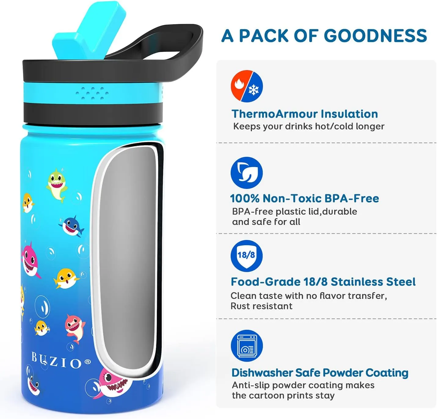 14 OZ Kids Water Bottle with Straw Lid, BUZIO Vacuum Insulated Double Walled Stainless Steel Drink Flask BPA-Free & Lead-Free Metal Sports Tumbler Travel Cup for Boys, Blue Shark