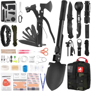 146Pcs Survival First Aid Kit, Car Emergency Trauma Kit with Military Grade Survival Tools, Medical Supplies & Fishing Gear, for Camping, Travel, Earthquake, Gifts for Men & Women Outdoor Adventures