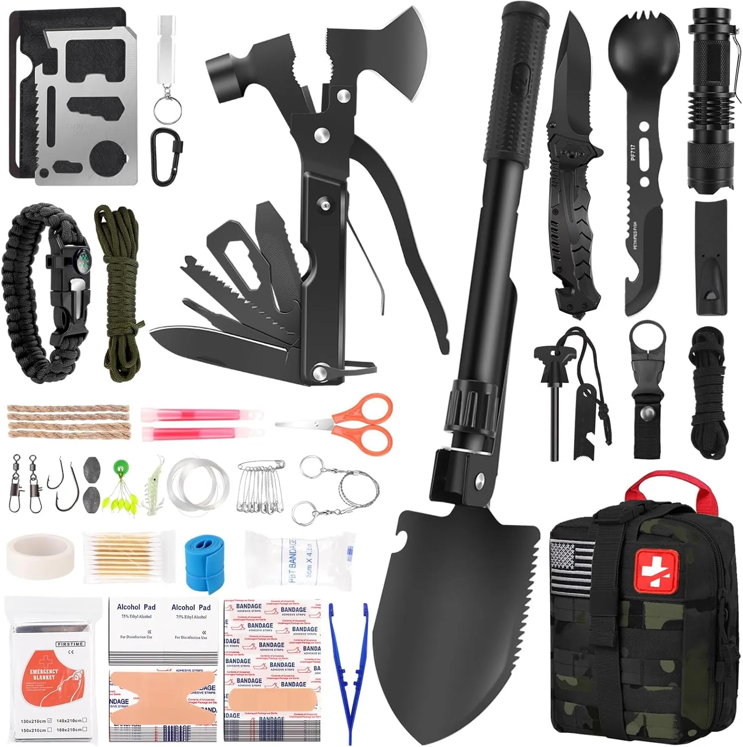 146Pcs Survival First Aid Kit, Car Emergency Trauma Kit with Military Grade Survival Tools, Medical Supplies & Fishing Gear, for Camping, Travel, Earthquake, Gifts for Men & Women Outdoor Adventures